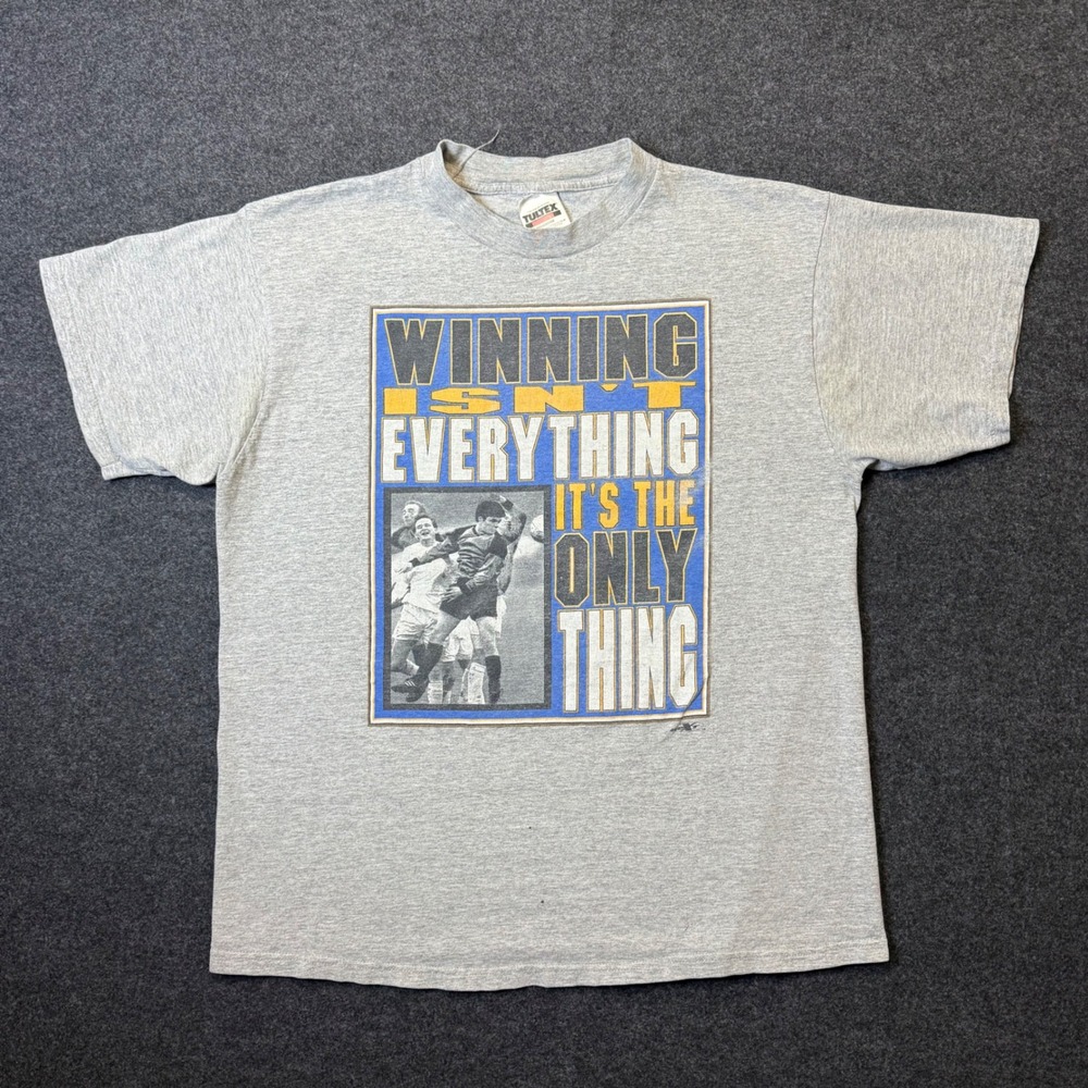 Vintage 90s Graphic Tee Mens XL Gray Winning Only Thing Soccer Distressed